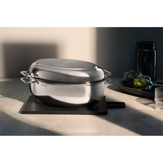 WMF Bräter mit Deckel backofengeeignet, 8,5l, Bräter Induktion, Cromargan Edelstahl, Induktionsdeckel, Bratenthermometer, 41x28,5x18cm