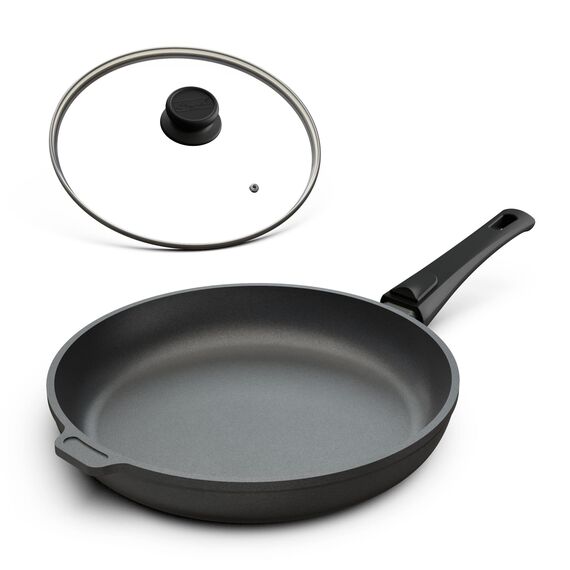 Hoffmann Aluguss Bratpfanne 24 cm Induktion mit Deckel 4,5 cm Innenhöhe I Made in Germany I Hoher Rand I Antihaftbeschichtet I Backofengeeignet 280 Grad Induktion geeignet