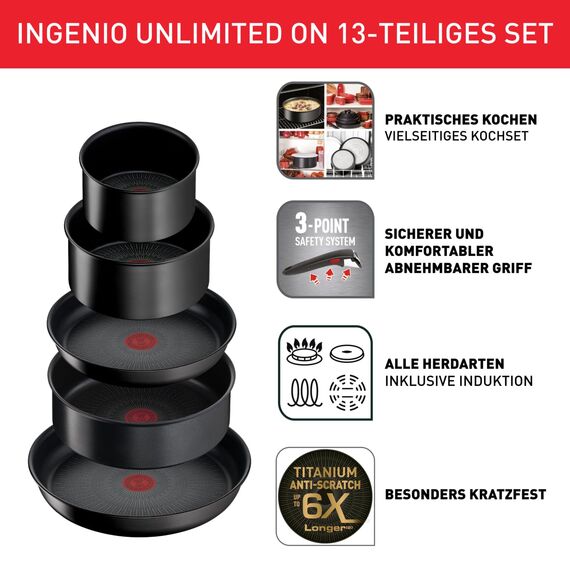 Tefal Ingenio Unlimited On 13-teiliges Topf und Pfannenset abnehmbarer Griff, stapelbar, platzsparend, Pfannen Induktion mit Antihaftversiegelung, einfache Handhabung und Reinigung, L39593