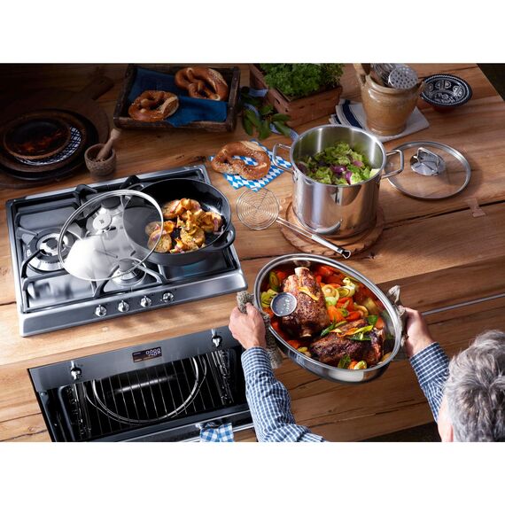 WMF Bräter mit Deckel backofengeeignet, 8,5l, Bräter Induktion, Cromargan Edelstahl, Induktionsdeckel, Bratenthermometer, 41x28,5x18cm