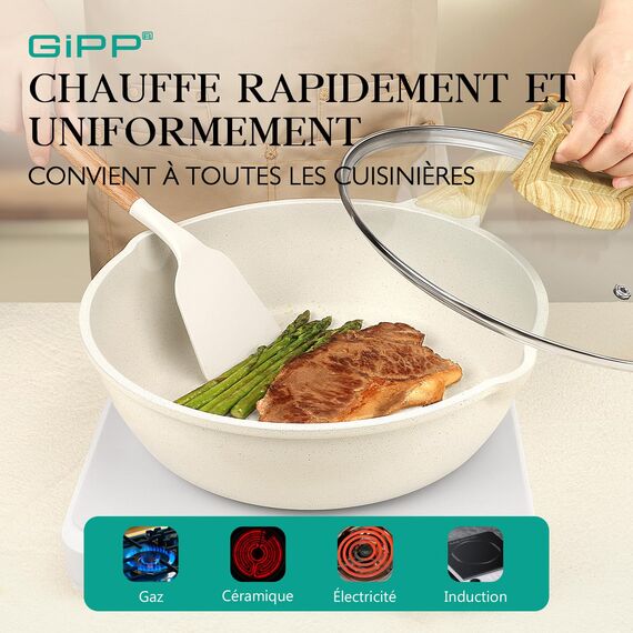 GiPP Schmorpfannen Bratpfannem 28cm Hoher Rand, Antihaft Wokpfanne mit Deckel, 4.3L Keramik-Antihaftbeschichtung 28cm Pfanne mit Deckel, PFOS/PFOA-frei, für alle Herdarten-Weiß