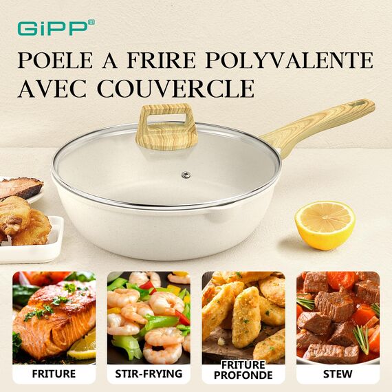 GiPP Schmorpfannen Bratpfannem 28cm Hoher Rand, Antihaft Wokpfanne mit Deckel, 4.3L Keramik-Antihaftbeschichtung 28cm Pfanne mit Deckel, PFOS/PFOA-frei, für alle Herdarten-Weiß
