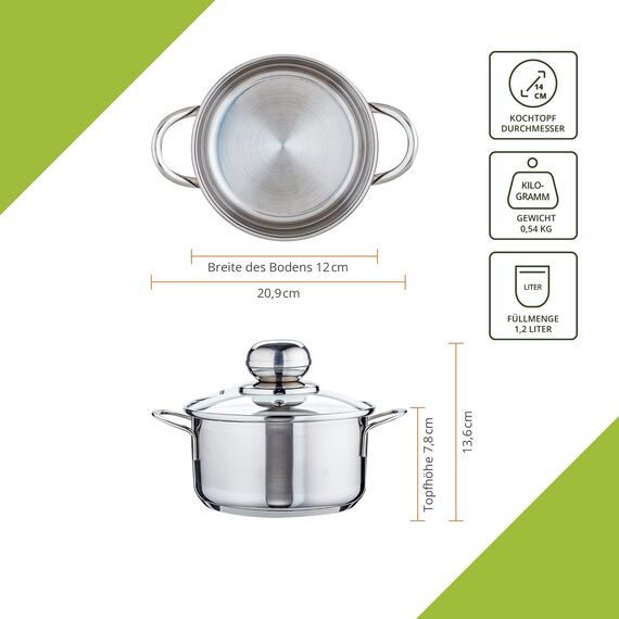 Level One Topf Edelstahl 14 cm Kochtopf Induktion 1,2 Liter, Mini Fleischtopf & Bratentopf mit Glasdeckel für den Backofen, rostfreier Edelstahl, für alle Herdarten geeignet