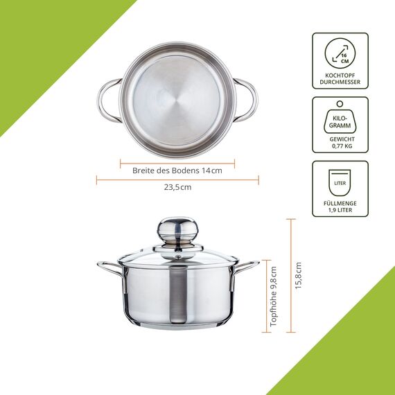 Level One Topf Edelstahl 16 cm Kochtopf Induktion 1,9 L Fleischtopf & Bratentopf mit Glasdeckel für den Backofen, rostfreier Edelstahl, für alle Herdarten geeignet