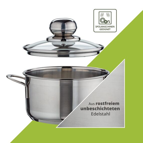 Level One Topf Edelstahl 14 cm Kochtopf Induktion 1,2 Liter, Mini Fleischtopf & Bratentopf mit Glasdeckel für den Backofen, rostfreier Edelstahl, für alle Herdarten geeignet