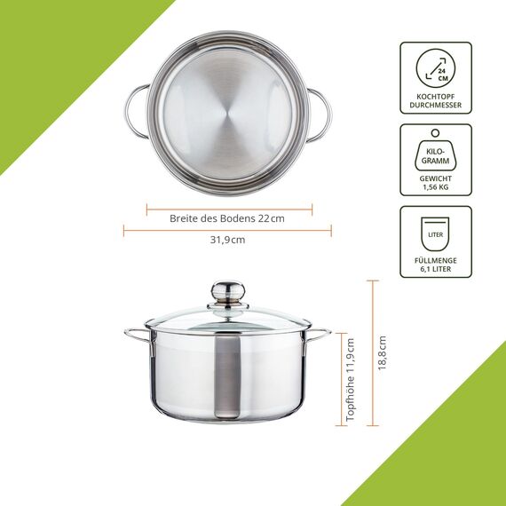Level One Topf Edelstahl 24 cm Kochtopf Induktion 6,1 Liter Fleischtopf & Bratentopf mit Glasdeckel für den Backofen, rostfreier Edelstahl, für alle Herdarten geeignet