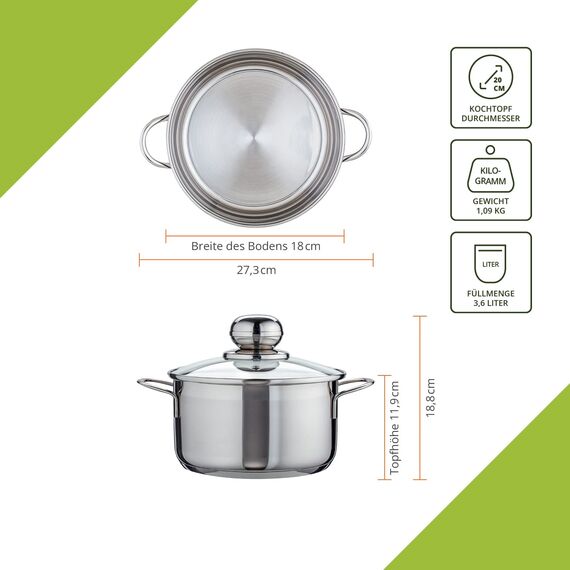 Level One Topf Edelstahl 20 cm Kochtopf Induktion 3,6 L Fleischtopf & Bratentopf mit Glasdeckel für den Backofen, rostfreier Edelstahl, für alle Herdarten geeignet