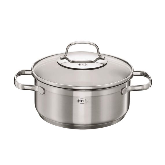 RÖSLE ELEGANCE Topfset 10-tlg., 6 hochwertige Kochtöpfe, 1 Dämpfeinsatz, 2 Bratpfannen im Set, Edelstahl 18/10, mit Glasdeckel und Innenskalierung, spülmaschinengeeignet