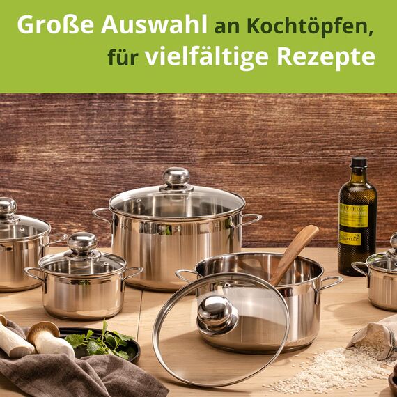 Level One Topf Edelstahl 24 cm Kochtopf Induktion 6,1 Liter Fleischtopf & Bratentopf mit Glasdeckel für den Backofen, rostfreier Edelstahl, für alle Herdarten geeignet