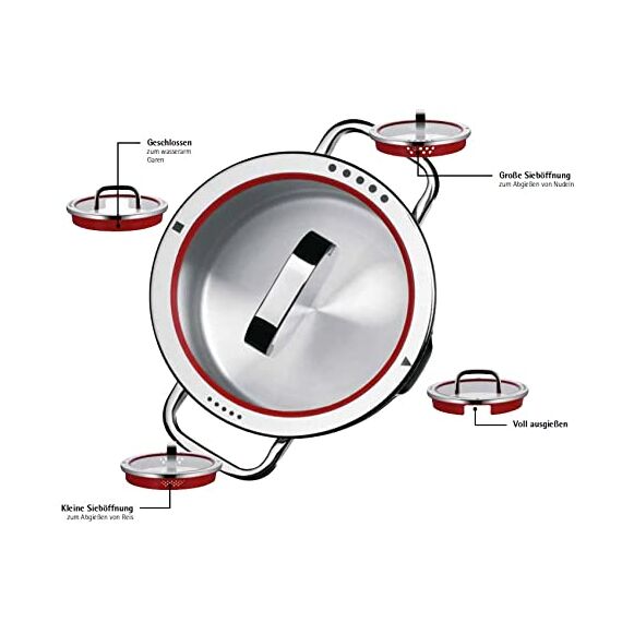 WMF Function 4 Topfdeckel 16cm, Glasdeckel mit 4 Abgießfunktionen, Spritzschutz, backofengeeignet bis 180°C, Cromargan Edelstahl poliert, rot