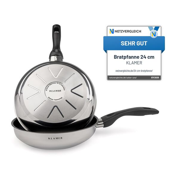 KLAMER Bratpfanne 24cm Induktion – Profi Edelstahlpfanne mit Greblon® C3+ Antihaftbeschichtung, PFOA-frei & backofenfest, für fettarmes Braten ohne Anhaften