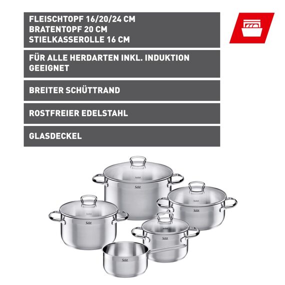 Silit Toskana Topfset Induktion 5-teilig, Edelstahl teilmattiert, Induktions Töpfe Set unbeschichtet mit Glasdeckel, für alle Herdarten geeignet, ohne Innenskalierung, spülmaschinengeeignet