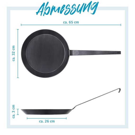 GRÄWE Schmiedeeiserne Bratpfanne F400, Ø 32 cm, Eisenpfanne mit Wender, 400° C hitzebeständig, Pfanne aus Eisen, kratzfeste Bratpfanne, unbeschichtet, Outdoor-Cooking, induktionsgeeignet