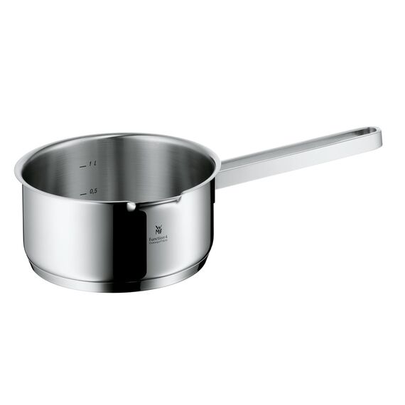 WMF Function 4 Stielkasserolle ohne Deckel 16cm, kleiner Topf 1,4l, Milchtopf Induktion, Kochtopf klein, Cromargan Edelstahl poliert, 4 Abgießfunktionen, Innenskalierung, rot