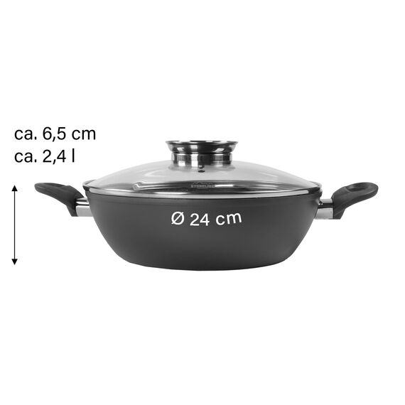 STONELINE Ceramic Servierpfanne 24 cm Hoher Rand Keramikpfanne Induktion Antihaft Pfanne mit Deckel, Keramikbeschichtung mit echten Steinpartikeln, PFAS frei, Für alle Herdarten, Backofengeeignet