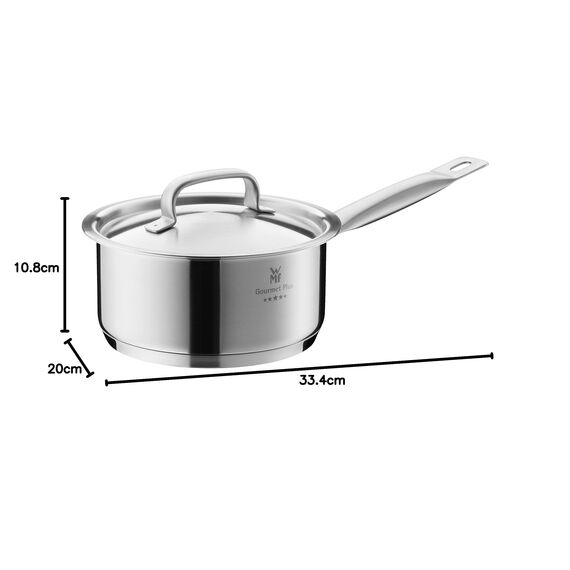 WMF Gourmet Plus Stielkasserolle 16cm, kleiner Topf mit Metalldeckel mit Dampföffnung, Kochtopf klein 1,4l, Induktion, Nudeltopf Cromargan Edelstahl mattiert, Innenskalierung