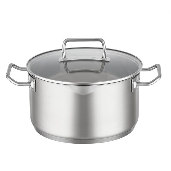 RÖSLE EXPERTISO Kochtopf, Hochwertiger Universaltopf aus Edelstahl 18/10, 24 cm, Glasdeckel, Innenskalierung, induktionsgeeignet, spülmaschinengeeignet, Silberfarben