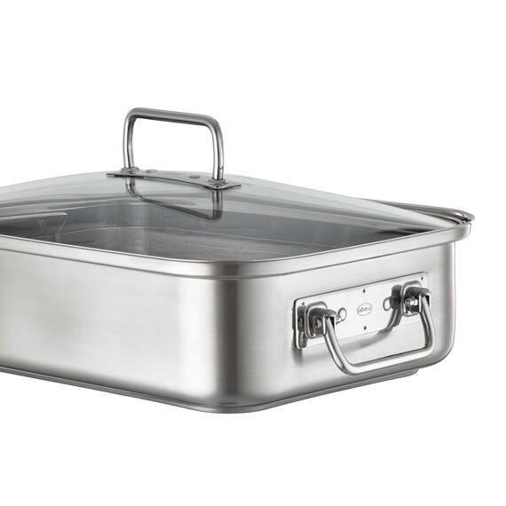 RÖSLE EXPERTISO Bräter rechteckig, Hochwertiger Bräter mit Glasdeckel, Edelstahl 18/10, backofengeeignet, induktionsgeeignet, spülmaschinengeeignet,Silberfarben, 38 x 28 cm