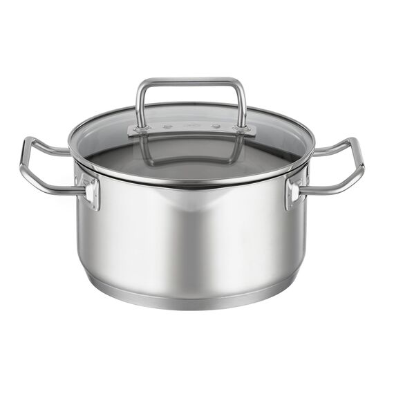 RÖSLE EXPERTISO Schmortopf, Universal-Garbehälter aus Edelstahl 18/10, 20 cm, Glasdeckel, Innenskalierung, induktionsgeeignet, spülmaschinengeeignet, Silber, Silberfarben