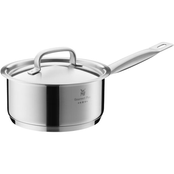 WMF Gourmet Plus Stielkasserolle 16cm, kleiner Topf mit Metalldeckel mit Dampföffnung, Kochtopf klein 1,4l, Induktion, Nudeltopf Cromargan Edelstahl mattiert, Innenskalierung