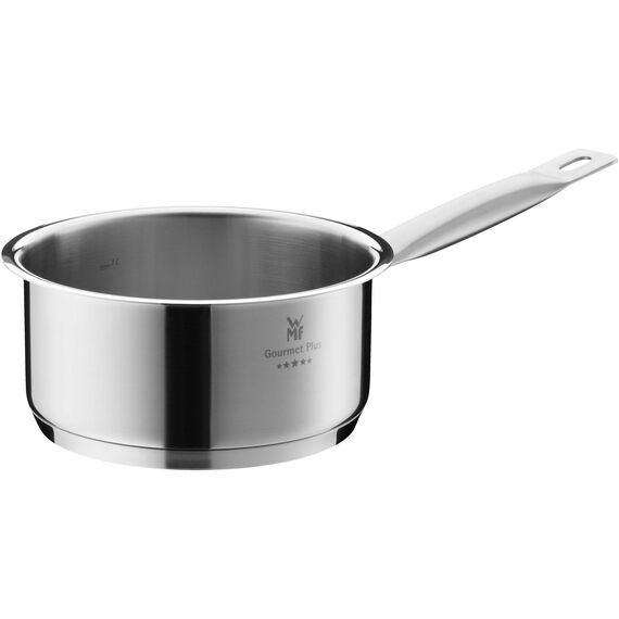 WMF Gourmet Plus Stielkasserolle 16cm, kleiner Topf mit Metalldeckel mit Dampföffnung, Kochtopf klein 1,4l, Induktion, Nudeltopf Cromargan Edelstahl mattiert, Innenskalierung