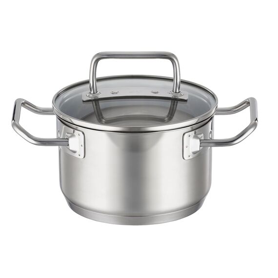 RÖSLE EXPERTISO Kochtopf, Hochwertiger Universaltopf aus Edelstahl 18/10, 16 cm, Glasdeckel, Innenskalierung, induktionsgeeignet, spülmaschinengeeignet, Silberfarben