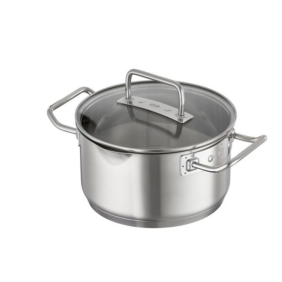 RÖSLE EXPERTISO Kochtopf, Hochwertiger Universaltopf aus Edelstahl 18/10, 16 cm, Glasdeckel, Innenskalierung, induktionsgeeignet, spülmaschinengeeignet, Silberfarben