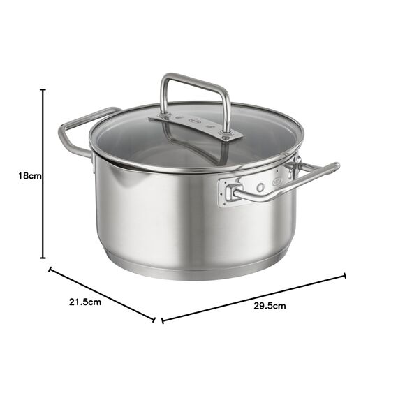 RÖSLE EXPERTISO Schmortopf, Universal-Garbehälter aus Edelstahl 18/10, 20 cm, Glasdeckel, Innenskalierung, induktionsgeeignet, spülmaschinengeeignet, Silber, Silberfarben