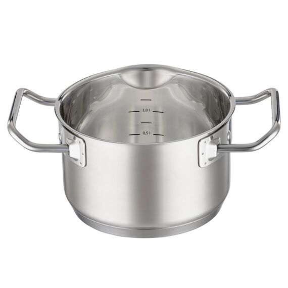 RÖSLE EXPERTISO Kochtopf, Hochwertiger Universaltopf aus Edelstahl 18/10, 16 cm, Glasdeckel, Innenskalierung, induktionsgeeignet, spülmaschinengeeignet, Silberfarben