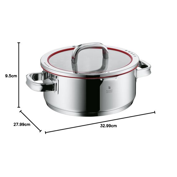 WMF Function 4 Kochtopf groß 24cm, Glasdeckel, Bratentopf Induktion 4,1l, Cromargan Edelstahl poliert, 4 Abgießfunktionen, Innenskalierung, rot