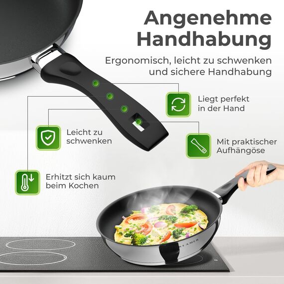 KLAMER Bratpfanne (20 + 28cm) Induktion – Profi Edelstahlpfanne mit Greblon® C3+ Antihaftbeschichtung, PFOA-frei & backofenfest, für fettarmes Braten ohne Anhaften