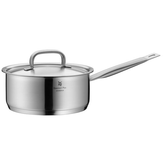WMF Gourmet Plus Stielkasserolle 20cm, kleiner Topf mit Metalldeckel mit Dampföffnung, Kochtopf klein 2,5l, Induktion, Cromargan Edelstahl mattiert, Innenskalierung