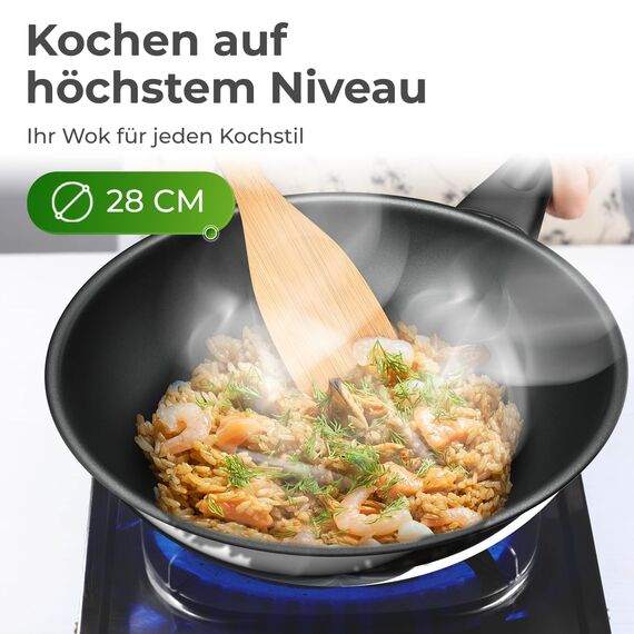 KLAMER Edelstahl Wokpfanne Induktion 28 cm, hochwertige Profi Edelstahlpfanne, Induktionspfanne antihaftbeschichtet, backofenfest & spülmaschinengeeignet