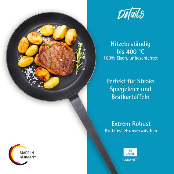 GRÄWE Schmiedeeiserne Bratpfanne F400, Ø 32 cm, Eisenpfanne mit Wender, 400° C hitzebeständig, Pfanne aus Eisen, kratzfeste Bratpfanne, unbeschichtet, Outdoor-Cooking, induktionsgeeignet