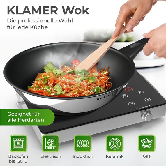 KLAMER Edelstahl Wokpfanne Induktion 28 cm, hochwertige Profi Edelstahlpfanne, Induktionspfanne antihaftbeschichtet, backofenfest & spülmaschinengeeignet