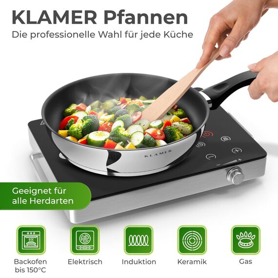 KLAMER Bratpfanne 24cm Induktion – Profi Edelstahlpfanne mit Greblon® C3+ Antihaftbeschichtung, PFOA-frei & backofenfest, für fettarmes Braten ohne Anhaften