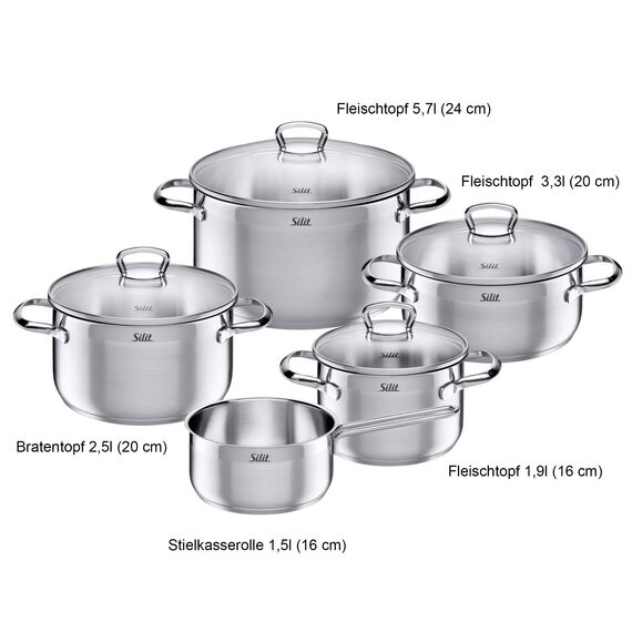 Silit Toskana Topfset Induktion 5-teilig, Edelstahl teilmattiert, Induktions Töpfe Set unbeschichtet mit Glasdeckel, für alle Herdarten geeignet, ohne Innenskalierung, spülmaschinengeeignet