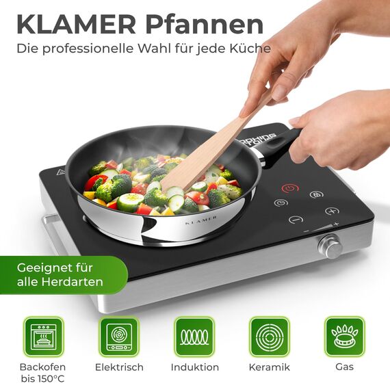 KLAMER Bratpfanne 20cm Induktion – Profi Edelstahlpfanne mit Greblon® C3+ Antihaftbeschichtung, PFOA-frei & backofenfest, für fettarmes Braten ohne Anhaften