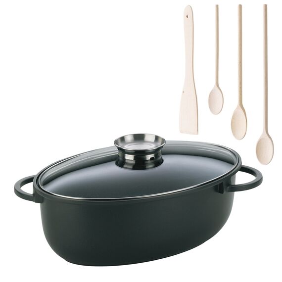 kela Bräter Kerros mit Kochlöffel-Set 4-teilig, Aluguss, 390223, Schwarz