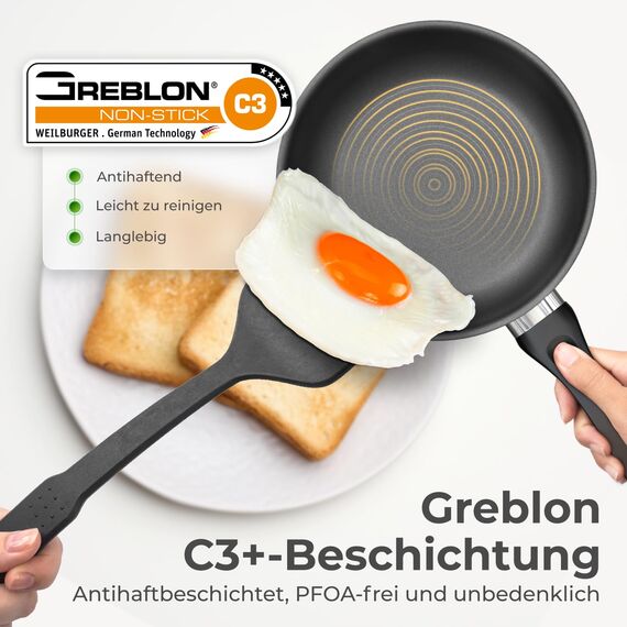 KLAMER Bratpfanne 20cm Induktion – Profi Edelstahlpfanne mit Greblon® C3+ Antihaftbeschichtung, PFOA-frei & backofenfest, für fettarmes Braten ohne Anhaften