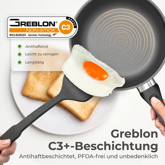 KLAMER Bratpfanne 24cm Induktion – Profi Edelstahlpfanne mit Greblon® C3+ Antihaftbeschichtung, PFOA-frei & backofenfest, für fettarmes Braten ohne Anhaften