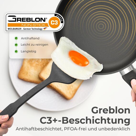KLAMER Bratpfanne (28 + 28cm) Induktion – Profi Edelstahlpfanne mit Greblon® C3+ Antihaftbeschichtung, PFOA-frei & backofenfest, für fettarmes Braten ohne Anhaften