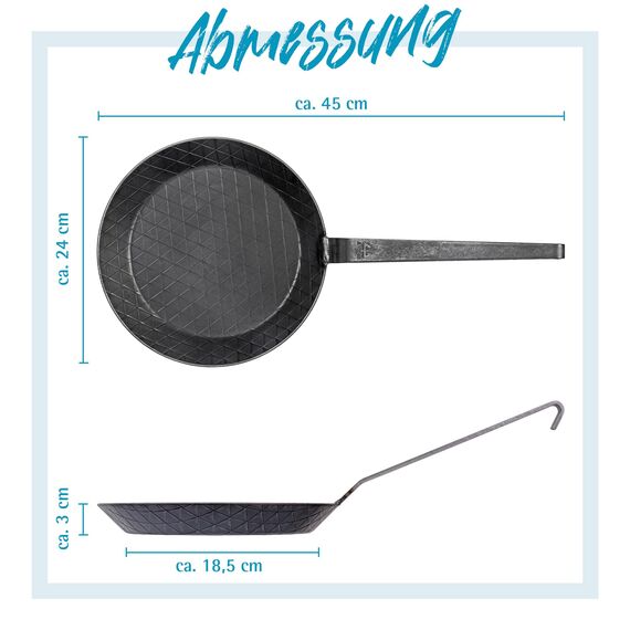 GRÄWE Schmiedeeiserne Bratpfanne F400, Ø 24 cm, Eisenpfanne mit Wender, 400° C hitzebeständig, Pfanne aus Eisen, kratzfeste Bratpfanne, unbeschichtet, Outdoor-Cooking, induktionsgeeignet