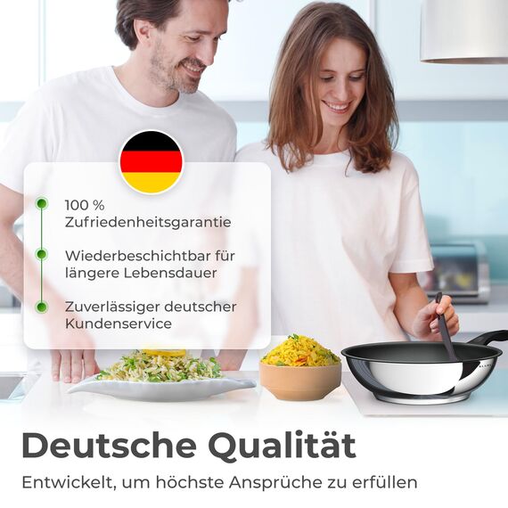 KLAMER Edelstahl Wokpfanne Induktion 28 cm, hochwertige Profi Edelstahlpfanne, Induktionspfanne antihaftbeschichtet, backofenfest & spülmaschinengeeignet