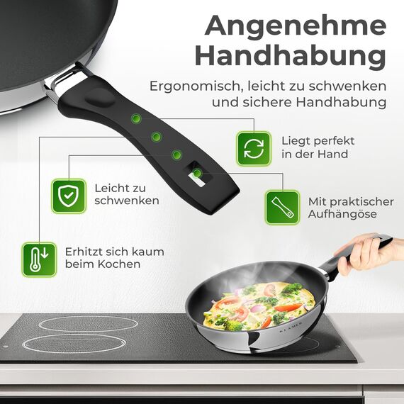 KLAMER Bratpfanne 24cm Induktion – Profi Edelstahlpfanne mit Greblon® C3+ Antihaftbeschichtung, PFOA-frei & backofenfest, für fettarmes Braten ohne Anhaften