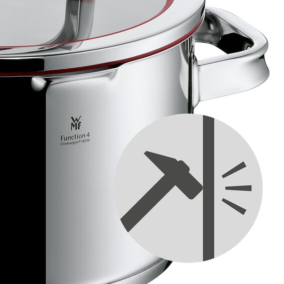 WMF Function 4 Stielkasserolle ohne Deckel 16cm, kleiner Topf 1,4l, Milchtopf Induktion, Kochtopf klein, Cromargan Edelstahl poliert, 4 Abgießfunktionen, Innenskalierung, rot