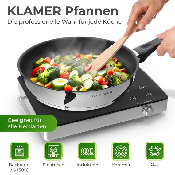 KLAMER Bratpfanne (20 + 24cm) Induktion – Profi Edelstahlpfanne mit Greblon® C3+ Antihaftbeschichtung, PFOA-frei & backofenfest, für fettarmes Braten ohne Anhaften