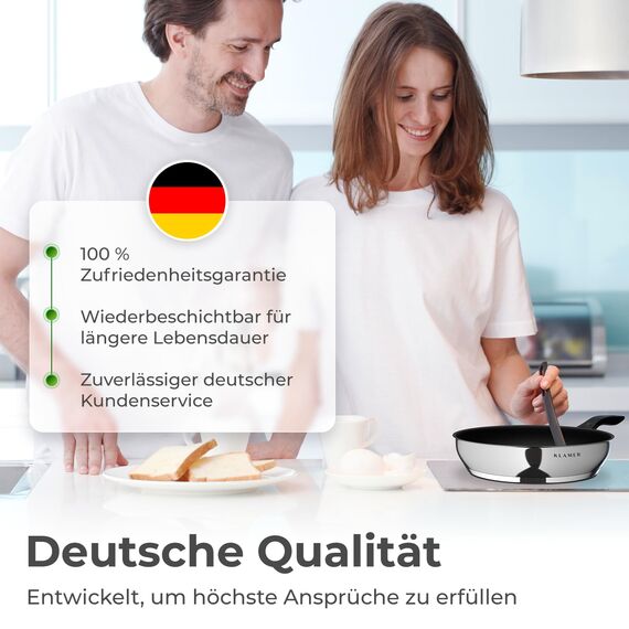 KLAMER Bratpfanne 24cm Induktion – Profi Edelstahlpfanne mit Greblon® C3+ Antihaftbeschichtung, PFOA-frei & backofenfest, für fettarmes Braten ohne Anhaften