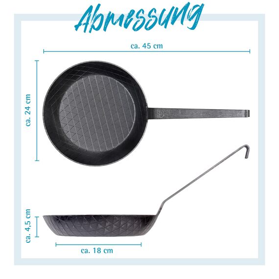 GRÄWE Schmiedeeiserne Bratpfanne F400, Ø 24 cm, hoher Rand, Eisenpfanne mit Wender, 400° C hitzebeständig, Pfanne aus Eisen, kratzfeste Bratpfanne, unbeschichtet, Outdoor-Cooking, induktionsgeeignet