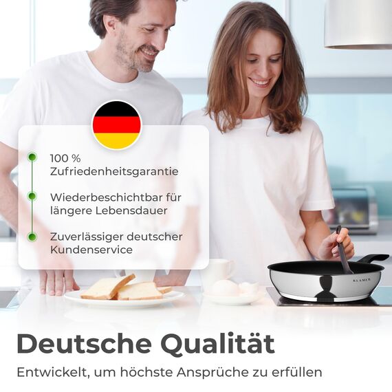 KLAMER 3-teiliges Pfannenset Induktion (20 + 24 + 28 cm), hochwertige Profi Edelstahlpfanne antihaftbeschichtet, backofenfest & spülmaschinengeeignet